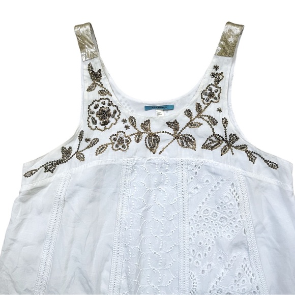 Anthropologie Leifsdottir LEIFNOTES Hi-Lo white Eyelet Gold Beaded Dress, Sz 6 - Picture 8 of 16